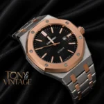 Oak Two Tone Rose Gold Silver Chain Black Dial