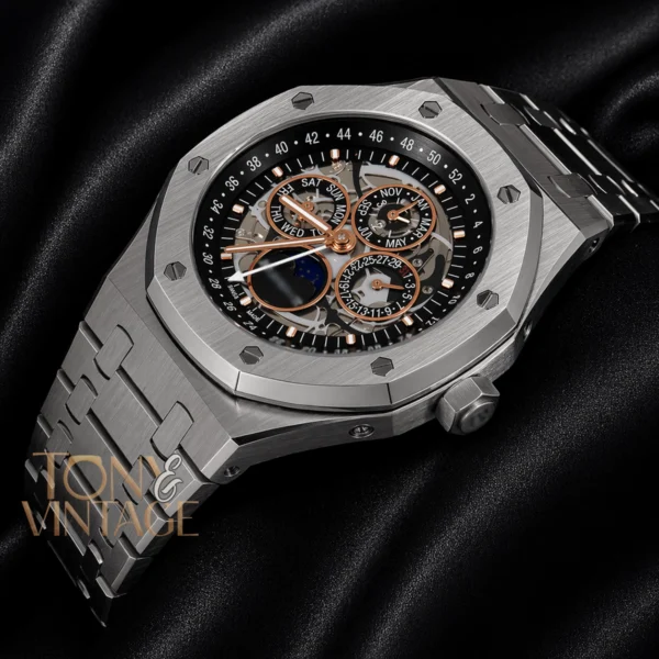 Perpetual Calendar Silver Black Skeleton Dial Automatic Watch