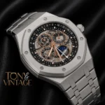 Perpetual Calendar Silver Black Skeleton Dial Automatic Watch