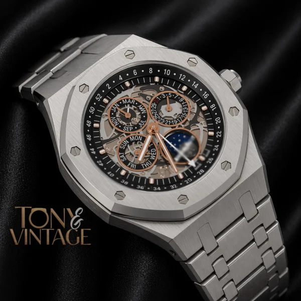 Perpetual Calendar Silver Black Skeleton Dial Automatic Watch 2 copy