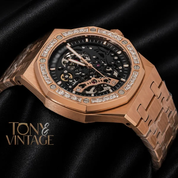 Rose Gold Black Skeleton Dial Stone Bezel 2 copy