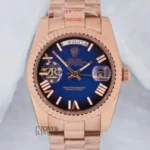 Rose Gold Blue Dial Fluted Bezel