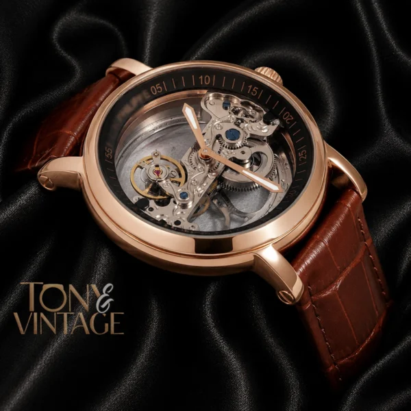 Rose Gold Case Skeleton Dial Brown Leather Strap 2 copy