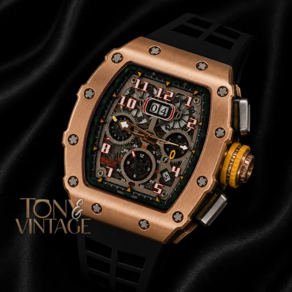 Rose Gold Chronograph Automatic Watch With Black Rubber Strap
