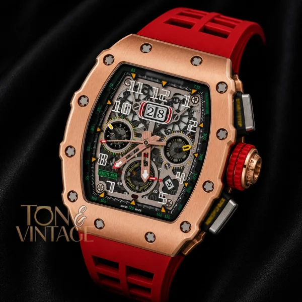 Rose Gold Chronograph Automatic Watch With Red Rubber Strap 1 copy