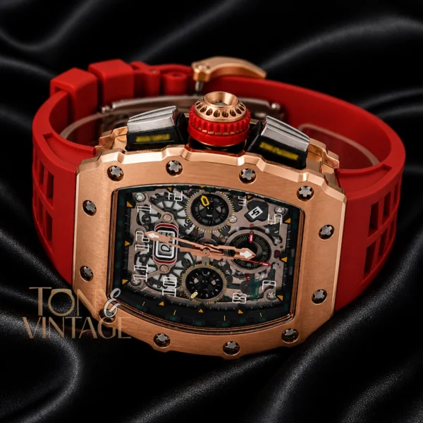 Rose Gold Chronograph Automatic Watch With Red Rubber Strap