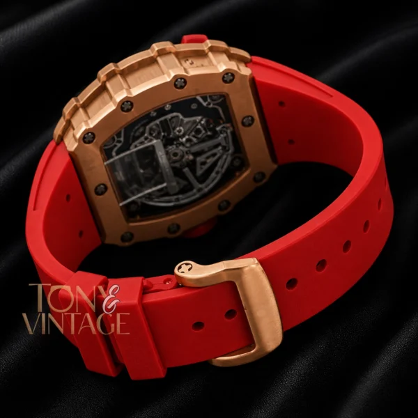 Rose Gold Chronograph Automatic Watch With Red Rubber Strap