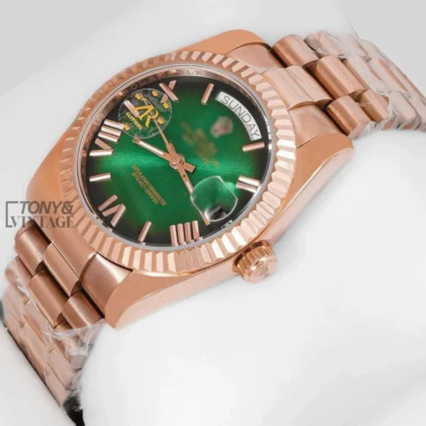 Rose Gold Green Dial Fluted Bezel