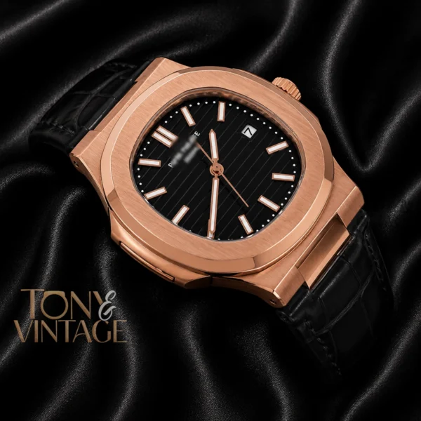 Rose Gold Watch with Black Dial and Leather Strap 2 copy