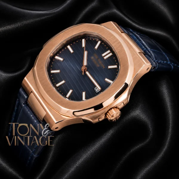 Rose Gold Watch with Blue Dial and Leather Strap