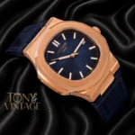 Rose Gold Watch with Blue Dial and Leather Strap
