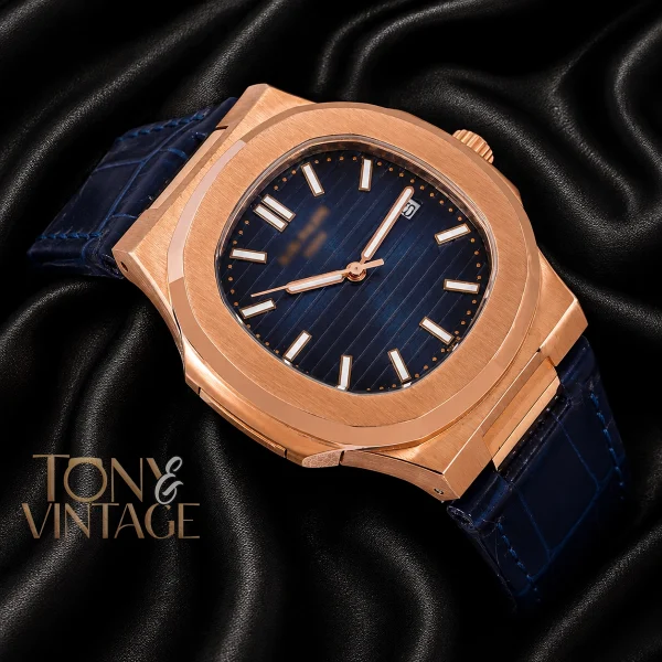 Rose Gold Watch with Blue Dial and Leather Strap 2 copy