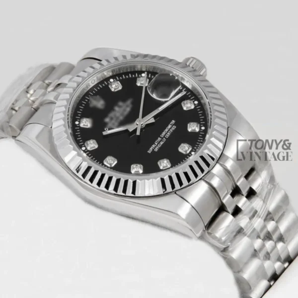 Silver Automatic Watch with Black Dial and Stone Numerals