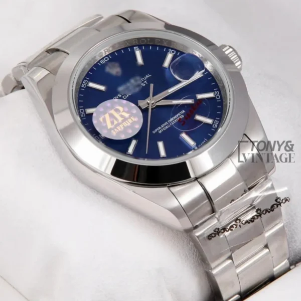 Silver Automatic Watch with Blue Dial