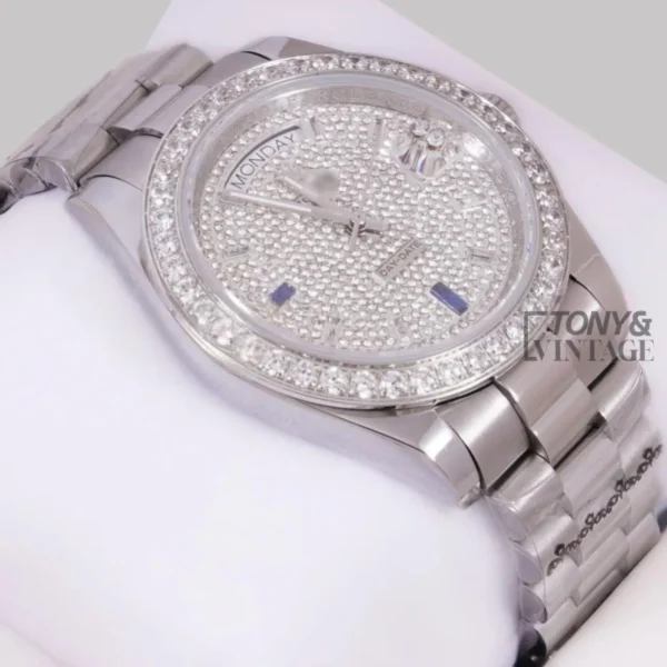 Silver Automatic Watch with Stone Dial and Bezel