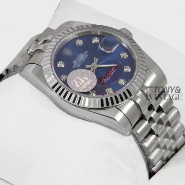 Silver Blue Dial Fluted Bezel & Stone Index Automatic Watch