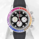 Silver Case Watch with Black Dial and Rainbow Stone Bezel