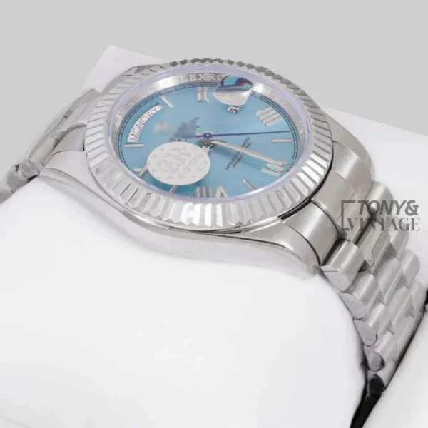 Silver Chain Automatic Watch with Blue Dial and Fluted Bezel