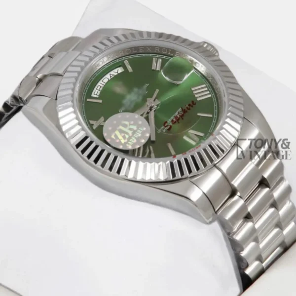 Silver Chain Green Dial Fluted Bezel Roman Figure Automatic Watch