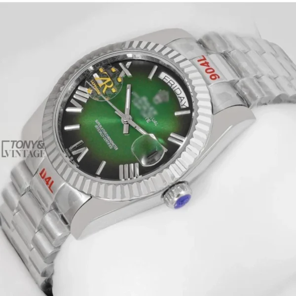 Silver Green Dial Fluted Bezel