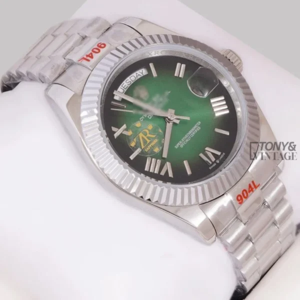 Silver Green Dial Roman Numeral & Fluted Bezel