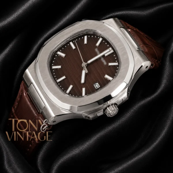 Silver Watch with Brown Dial and Leather Strap