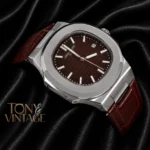 Silver Watch with Brown Dial and Leather Strap