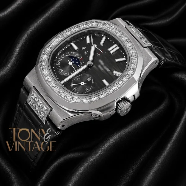 Silver Watch with Stone Bezel, Gray Dial, and Leather Strap