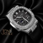 Silver Watch with Stone Bezel, Gray Dial, and Leather Strap