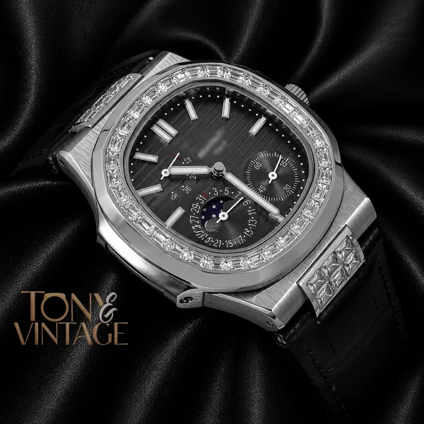 Silver Watch with Stone Bezel, Gray Dial, and Leather Strap 2 copy