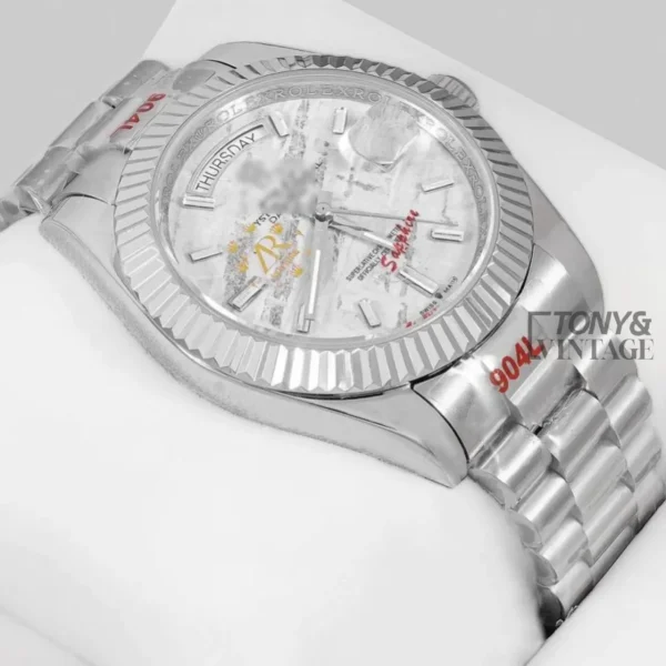 Silver White Printed Dial & Fluted Bezel Automatic Watch