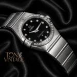 Silver With Black Dial Stone Figure & Bezel Ladies Watch