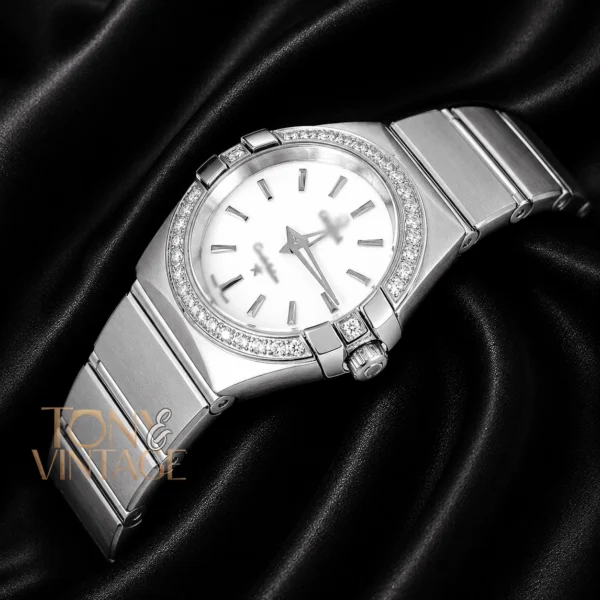 Silver With White Dial Stone Bezel Ladies Watch