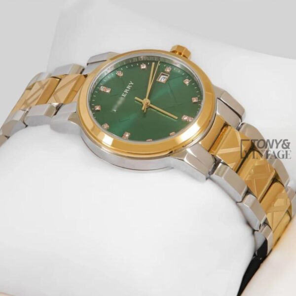 TWO TONE YELLOW GOLD WITH GREEN DIAL & STONE FIGURE LADIES WATCH