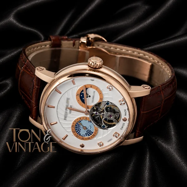 Tourbillon Moon Phase Rose Gold Case White Dial Leather Strap