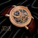 Tourbillon Moon Phase Rose Gold Watch with Skeleton Dial and Brown Leather Strap
