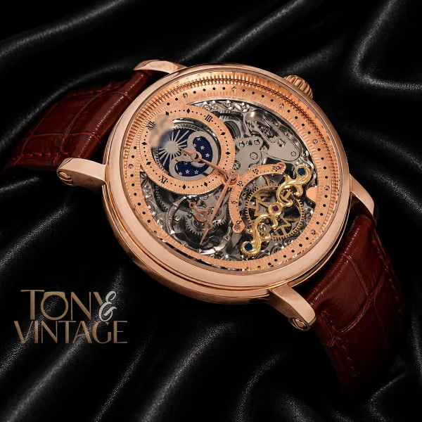 Tourbillon Moon Phase Rose Gold Watch with Skeleton Dial and Brown Leather Strap 2 copy