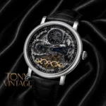 Tourbillon Moon Phase Silver Watch with Black Skeleton Dial and Leather Strap King