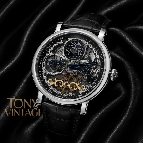 Tourbillon Moon Phase Silver Watch with Black Skeleton Dial and Leather Strap King 1 copy