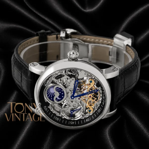 Tourbillon Moon Phase Silver Watch with Black Skeleton Dial and Leather Strap King