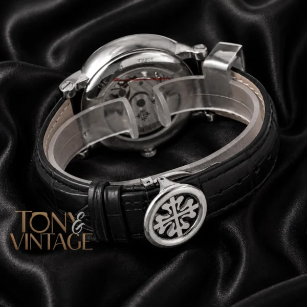 Tourbillon Moon Phase Silver Watch with Black Skeleton Dial and Leather Strap King