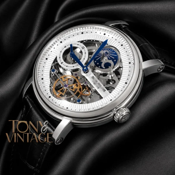 Tourbillon Moon Phase Silver Watch with Skeleton Dial and Leather Strap for Men