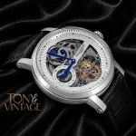 Tourbillon Moon Phase Silver Watch with Skeleton Dial and Leather Strap for Men