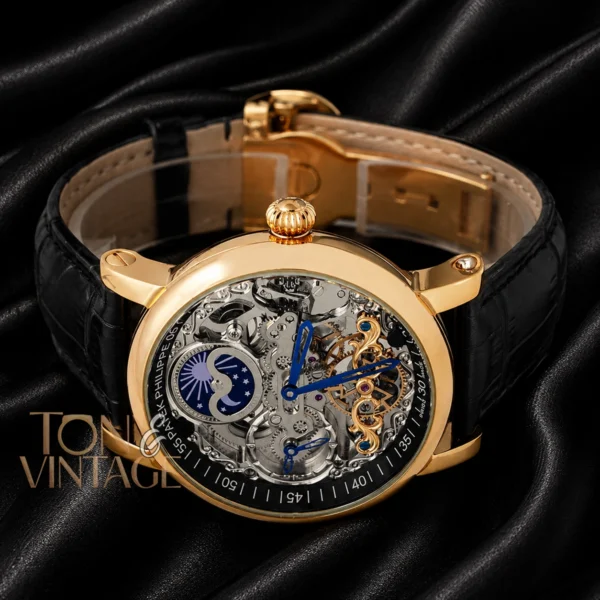 Tourbillon Moon Phase Yellow Gold Watch with Black Skeleton Dial and Leather Strap