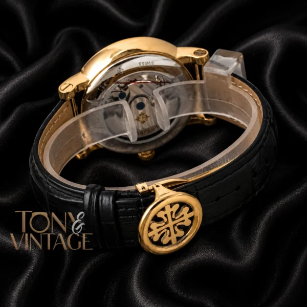 Tourbillon Moon Phase Yellow Gold Watch with Black Skeleton Dial and Leather Strap
