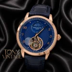 Tourbillon Rose Gold Watch with Blue Dial and Leather Strap