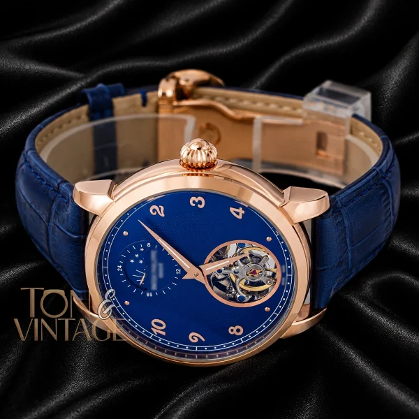 Tourbillon Rose Gold Watch with Blue Dial and Leather Strap