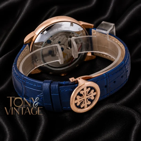 Tourbillon Rose Gold Watch with Blue Dial and Leather Strap
