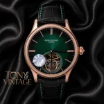 Tourbillon Rose Gold Watch with Green Dial and Black Leather Strap