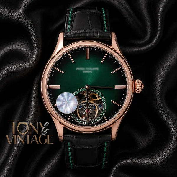 Tourbillon Rose Gold Watch with Green Dial and Black Leather Strap 1 copy